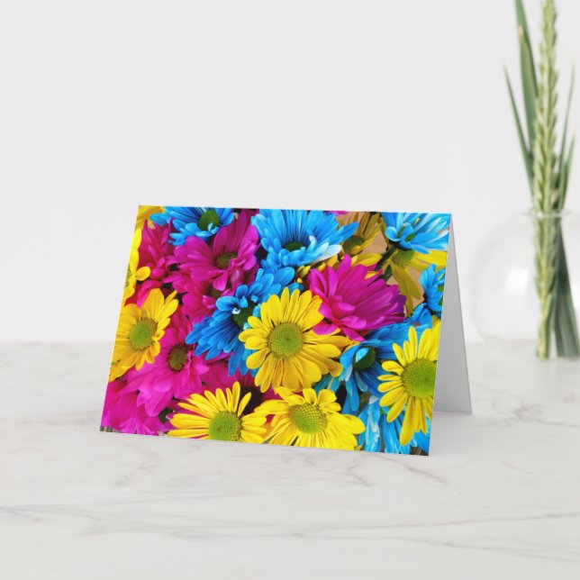 Colourful Flowers, Daisies - Blue Yellow Pink Card (Front)