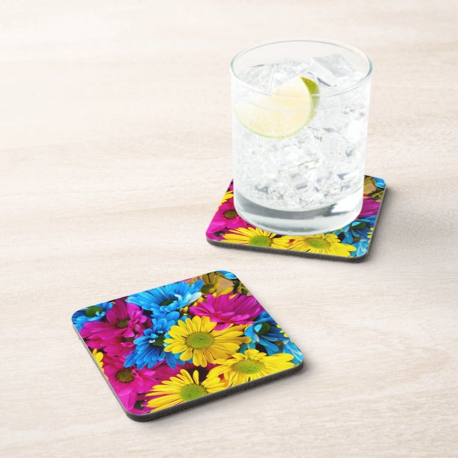 Colourful Flowers, Daisies - Blue Yellow Pink Coaster (Right Side)