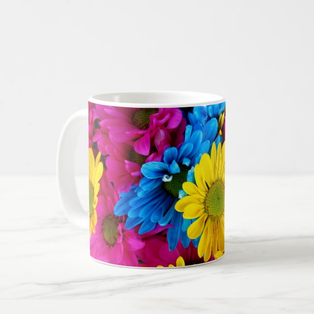 Colourful Flowers, Daisies - Blue Yellow Pink Coffee Mug (Front Left)