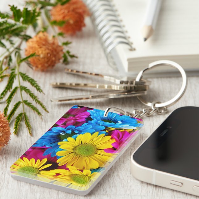 Colourful Flowers, Daisies - Blue Yellow Pink Keychain (Front Right)