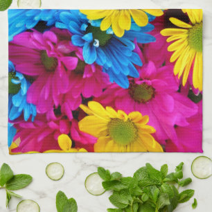 Colourful Flowers, Daisies - Blue Yellow Pink Kitchen Towel