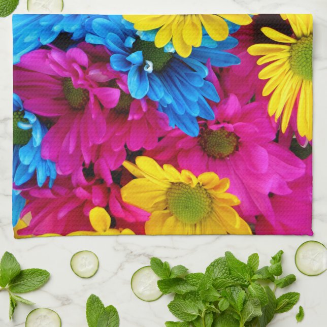 Colourful Flowers, Daisies - Blue Yellow Pink Kitchen Towel (Folded)