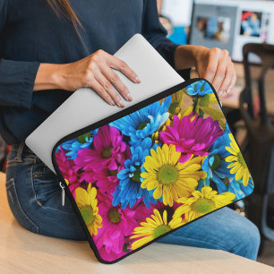 Colourful Flowers, Daisies - Blue Yellow Pink Laptop Sleeve