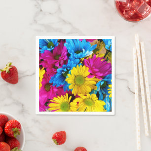 Colourful Flowers, Daisies - Blue Yellow Pink Napkin