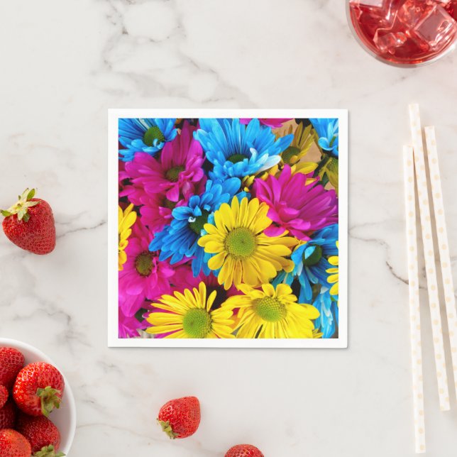 Colourful Flowers, Daisies - Blue Yellow Pink Napkin (Insitu)
