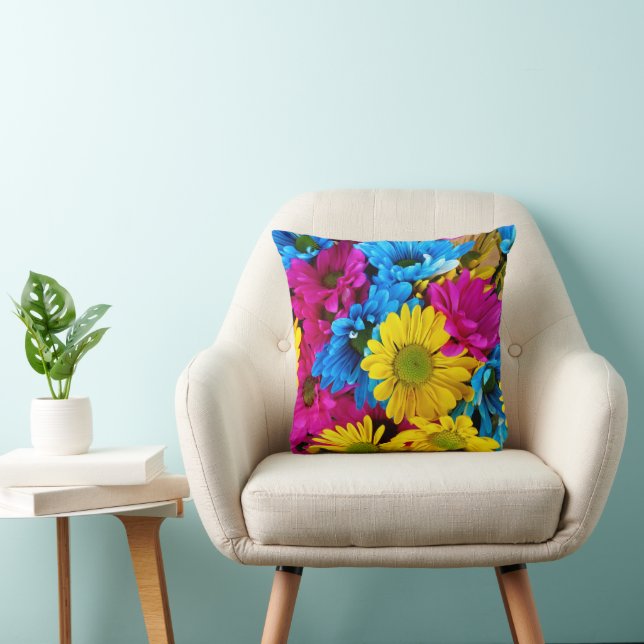 Colourful Flowers, Daisies - Blue Yellow Pink Throw Pillow (Chair)