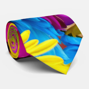 Colourful Flowers, Daisies - Blue Yellow Pink Tie
