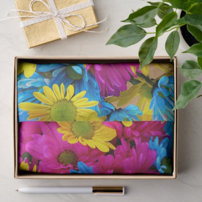 Colourful Flowers, Daisies - Blue Yellow Pink Tissue Paper (Gift)