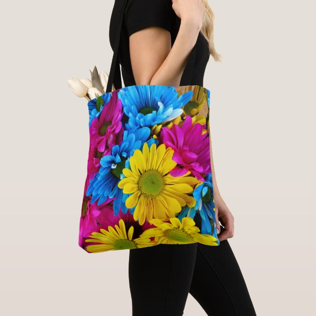 Colourful Flowers, Daisies - Blue Yellow Pink Tote Bag (Close Up)