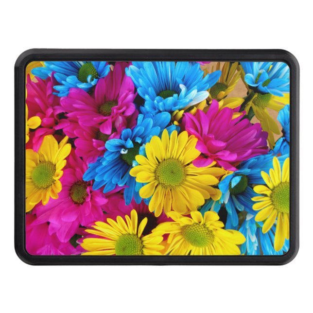 Colourful Flowers, Daisies - Blue Yellow Pink Trailer Hitch Cover (Front)
