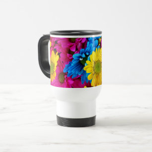 Colourful Flowers, Daisies - Blue Yellow Pink Travel Mug