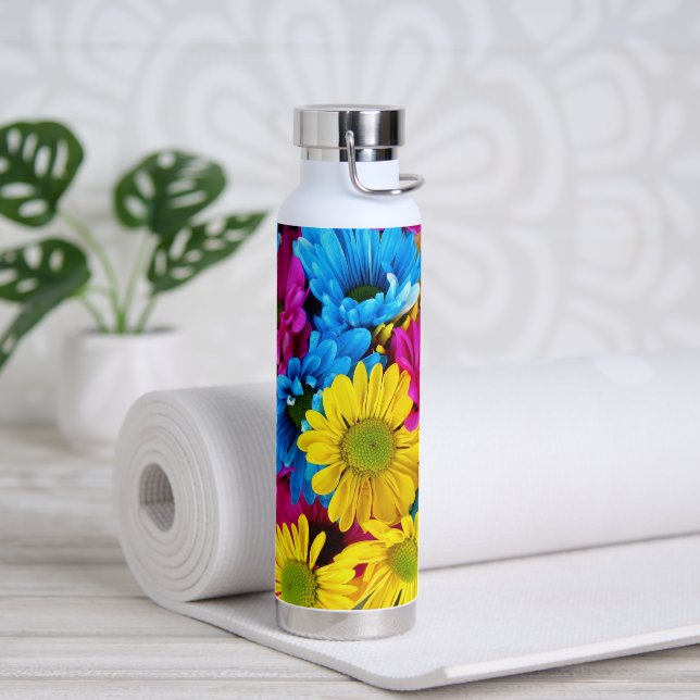 Colourful Flowers, Daisies - Blue Yellow Pink Water Bottle (Yoga)