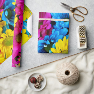 Colourful Flowers, Daisies - Blue Yellow Pink Wrapping Paper