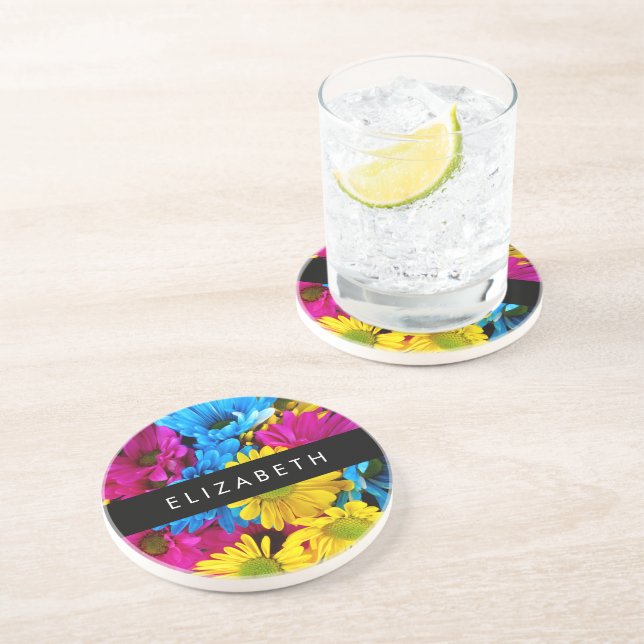Colourful Flowers, Daisies, Boho, Your Name Coaster (Side)