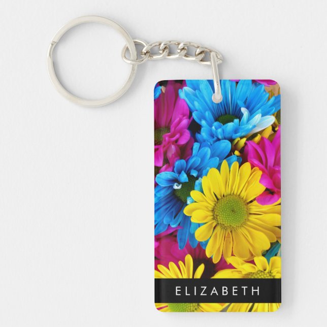Colourful Flowers, Daisies, Boho, Your Name Keychain (Front)