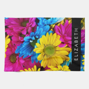 Colourful Flowers, Daisies, Boho, Your Name Kitchen Towel