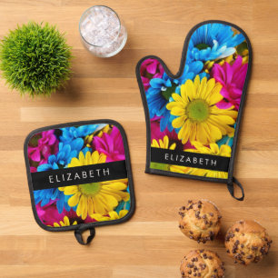 Colourful Flowers, Daisies, Boho, Your Name Oven Mitt & Pot Holder Set
