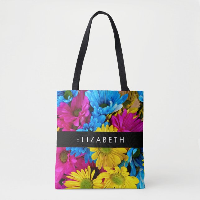 Colourful Flowers, Daisies, Boho, Your Name Tote Bag (Front)
