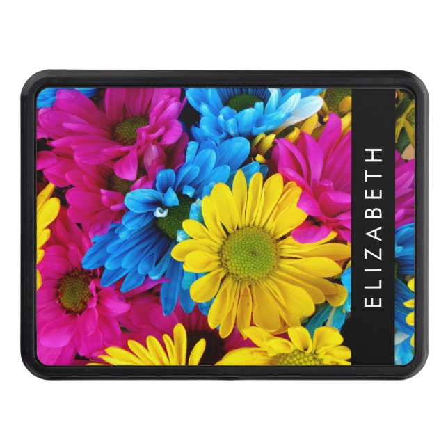 Colourful Flowers, Daisies, Boho, Your Name Trailer Hitch Cover (Front)