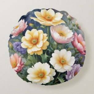 Colourful Flowers Elegant Watercolor Painting Round Pillow
