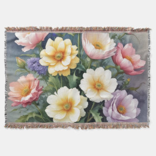 Colourful Flowers Elegant Watercolor Painting Throw Blanket