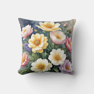 Colourful Flowers Elegant Watercolor Painting Throw Pillow