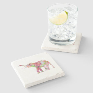 Colourful Flowers Elephant Illustration Stone Coaster