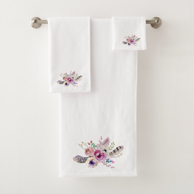 Colourful Flowers & Feathers Boho Bouquet Bath Towel Set (Insitu)