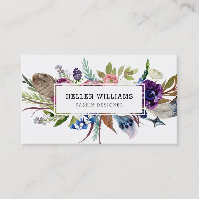 Colourful flowers & feathers bouquet business card (Front)