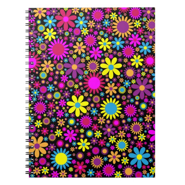 Colourful Flowers Floral Black Background Pattern Notebook (Front)