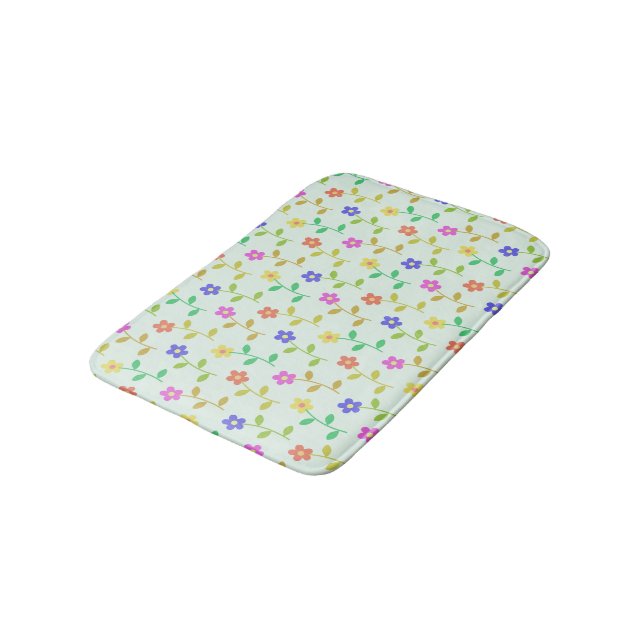 Colourful Flowers, Floral Pattern, Greenery, Boho Bath Mat (Angled)