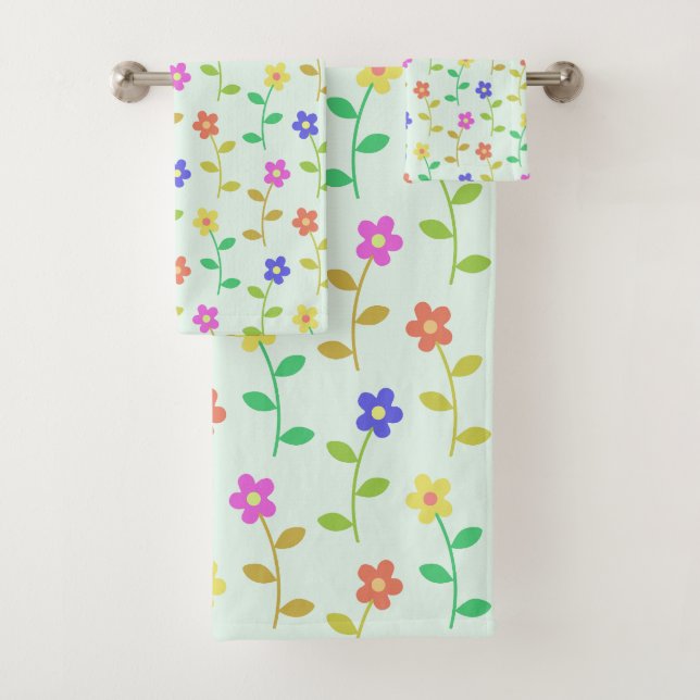 Colourful Flowers, Floral Pattern, Greenery, Boho Bath Towel Set (Insitu)