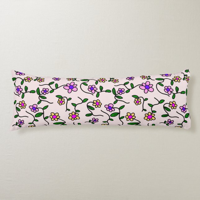 Colourful Flowers, Floral Pattern, Greenery, Boho Body Pillow (Front)