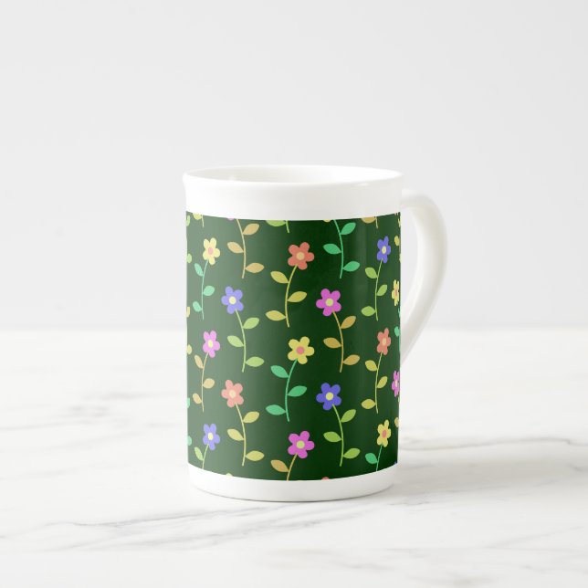 Colourful Flowers, Floral Pattern, Greenery, Boho Bone China Mug (Front Right)