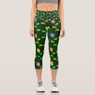 Colourful Flowers, Floral Pattern, Greenery, Boho Capri Leggings