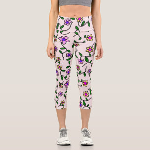 Colourful Flowers, Floral Pattern, Greenery, Boho Capri Leggings