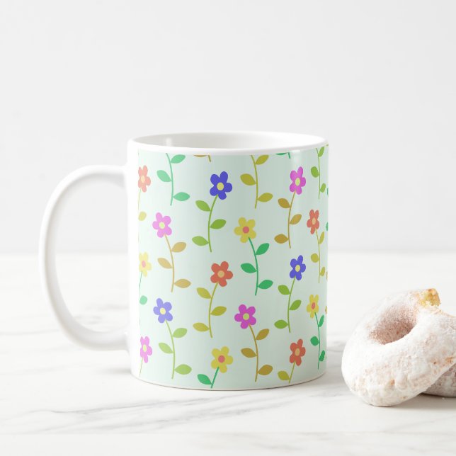 Colourful Flowers, Floral Pattern, Greenery, Boho Coffee Mug (With Donut)