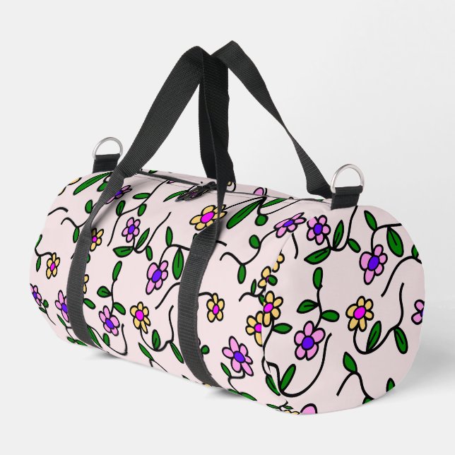 Colourful Flowers, Floral Pattern, Greenery, Boho Duffle Bag (Left Corner)