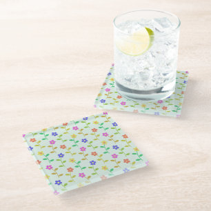 Colourful Flowers, Floral Pattern, Greenery, Boho Glass Coaster