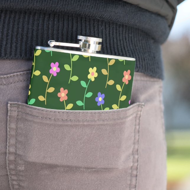 Colourful Flowers, Floral Pattern, Greenery, Boho Hip Flask (In Situ)