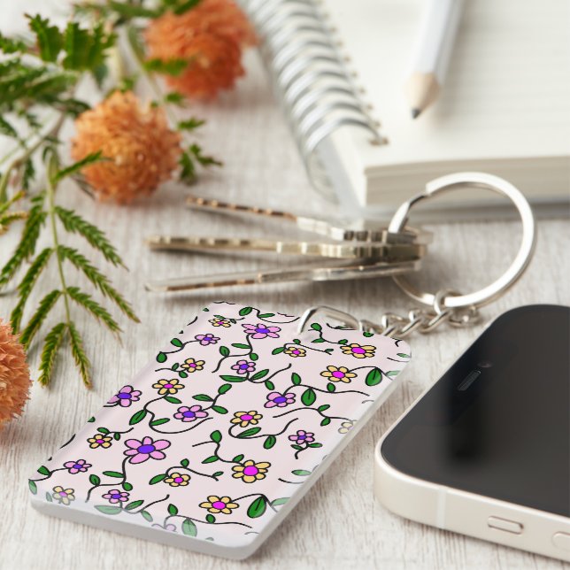 Colourful Flowers, Floral Pattern, Greenery, Boho Keychain (Front Right)