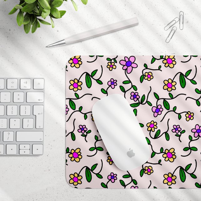 Colourful Flowers, Floral Pattern, Greenery, Boho Mouse Pad (Creator Uploaded)