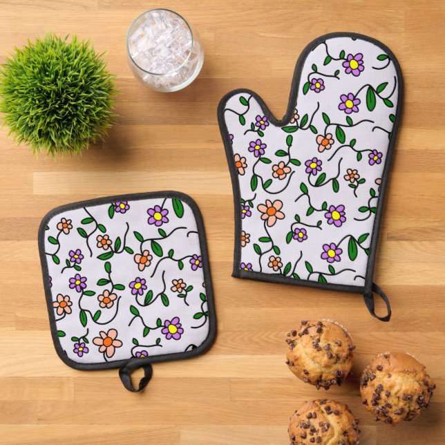 Colourful Flowers, Floral Pattern, Greenery, Boho Oven Mitt & Pot Holder Set (Top Down)