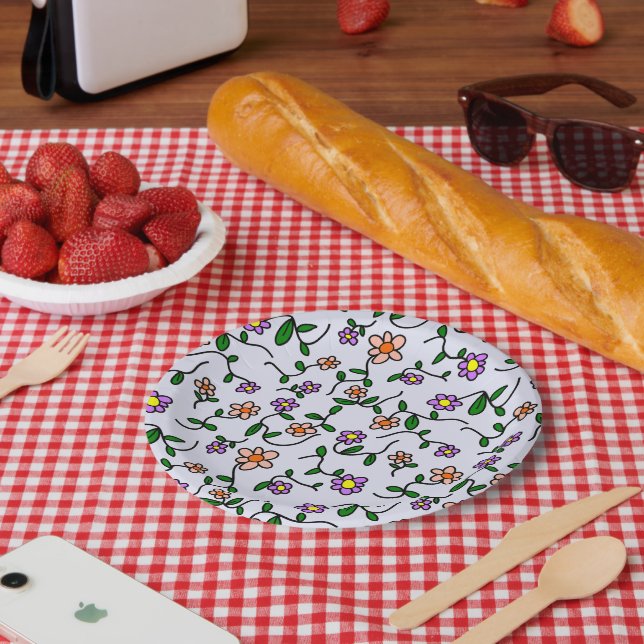 Colourful Flowers, Floral Pattern, Greenery, Boho Paper Plate (Picnic)