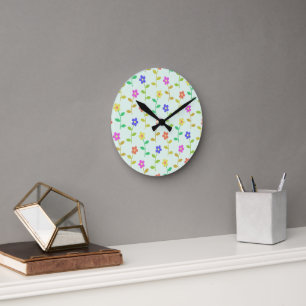 Colourful Flowers, Floral Pattern, Greenery, Boho Round Clock