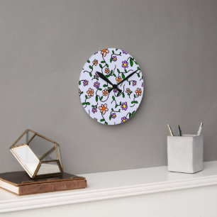 Colourful Flowers, Floral Pattern, Greenery, Boho Round Clock