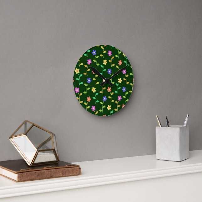 Colourful Flowers, Floral Pattern, Greenery, Boho Round Clock (Office)