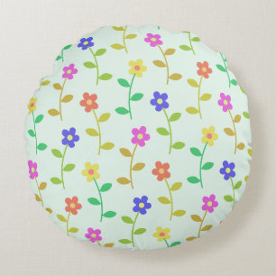 Colourful Flowers, Floral Pattern, Greenery, Boho Round Pillow