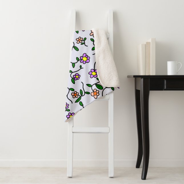 Colourful Flowers, Floral Pattern, Greenery, Boho Sherpa Blanket (In Situ)
