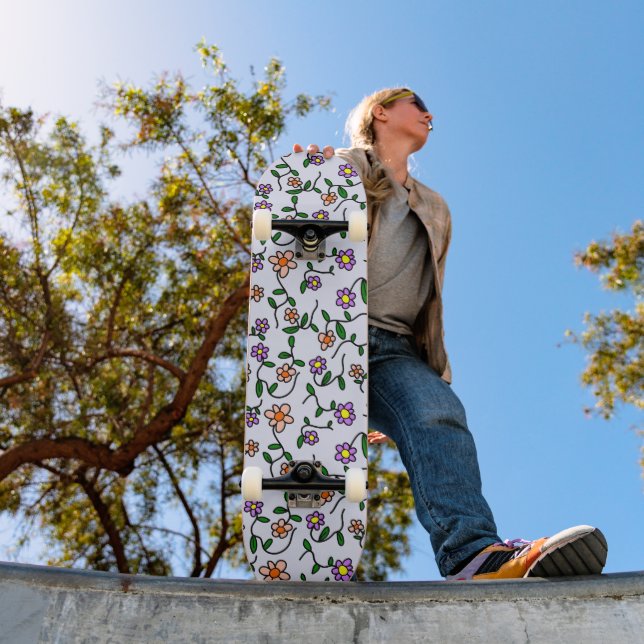 Colourful Flowers, Floral Pattern, Greenery, Boho Skateboard (Outdoor 1)